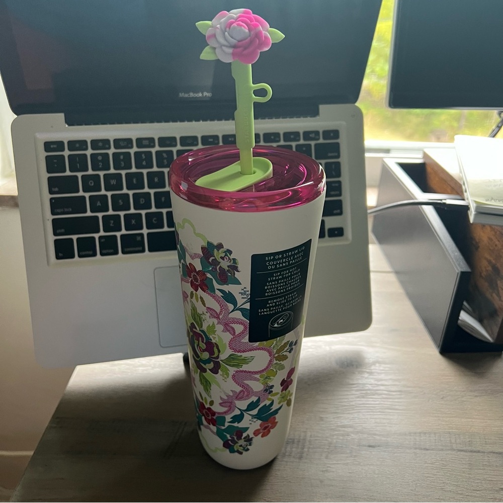 NWT Starbucks Cross Stitch Floral Hot AND Cold Tumbler with Rose Topper Straw